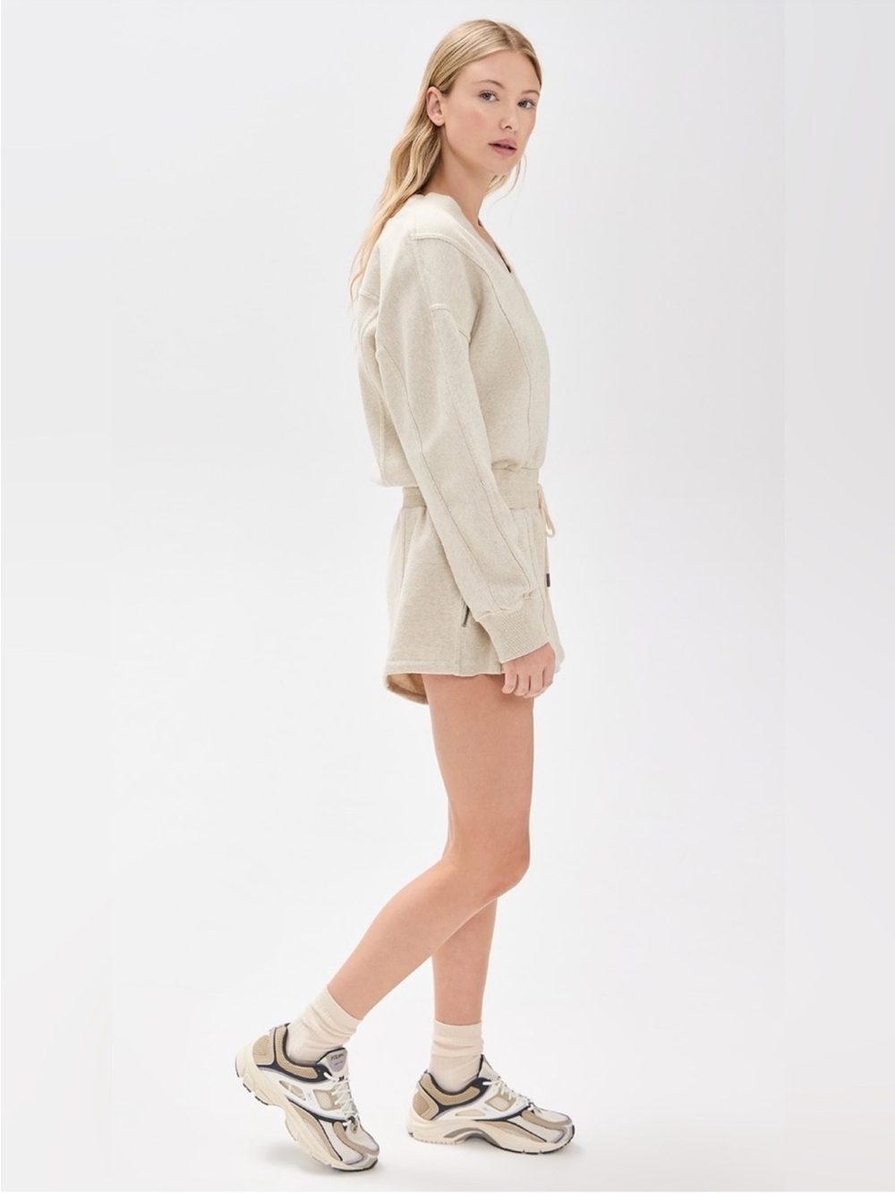 Free People Intercept Light Gray V-Neck Drawstring Sweatshirt Romper